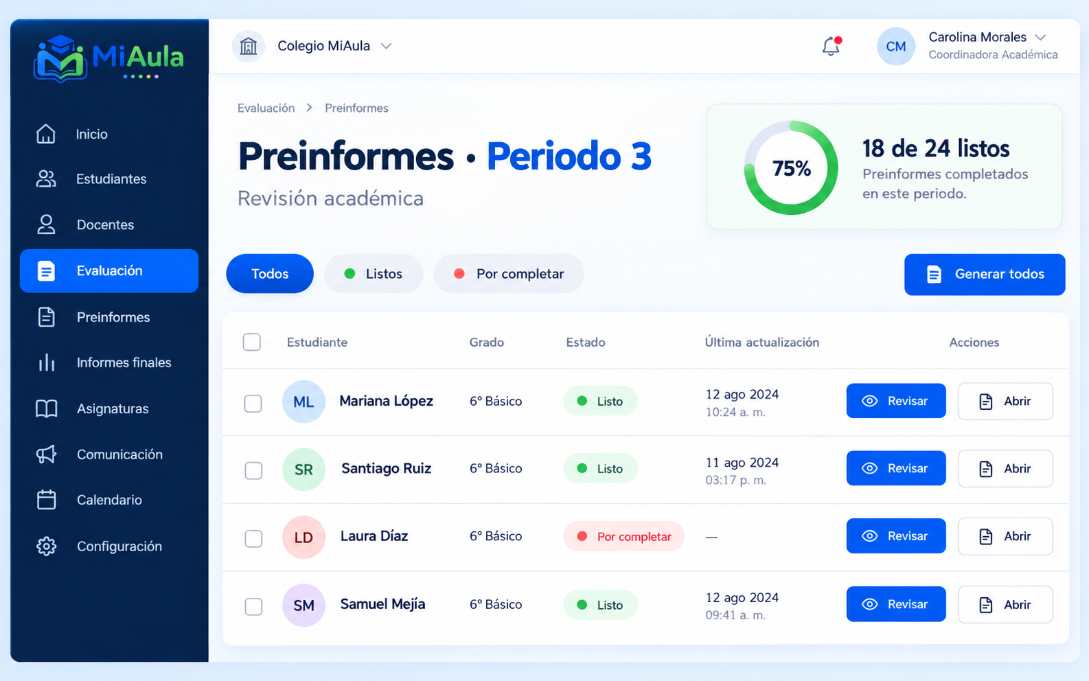 Pantalla de preinformes del periodo 3 en MiAula con progreso, estados y acciones de revisión